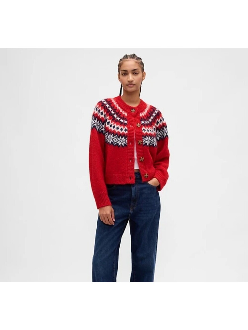 GAP Fuzzy Fair Isle Cardigan Sweater Knit Nordic Yoke Red Winter Christmas XL